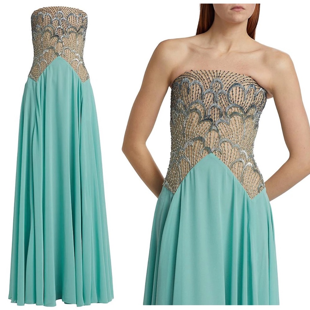 Reem Acra Embroidered Bodice Chiffon Strapless Gown Maxi Dress